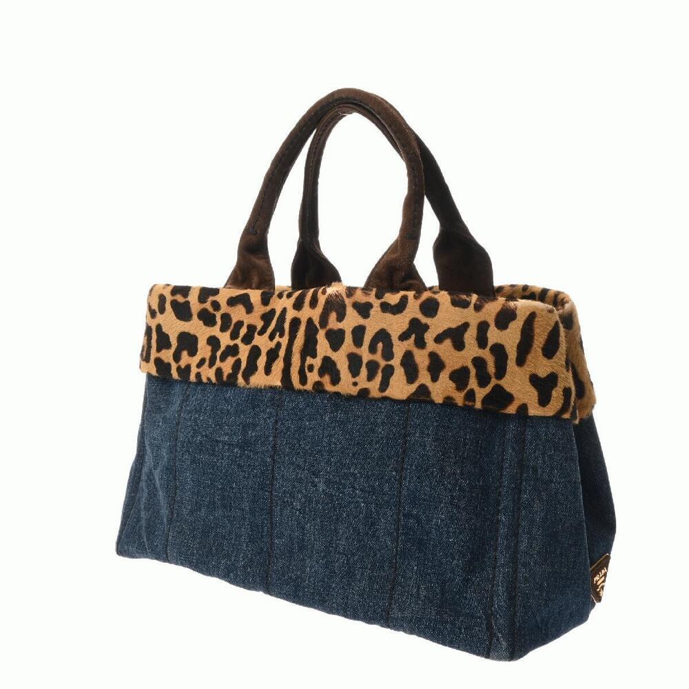 PRADA Canapa 2way Tote Leopard Navy Blue Calf Hair Denim Bag - Picture 2 of 9